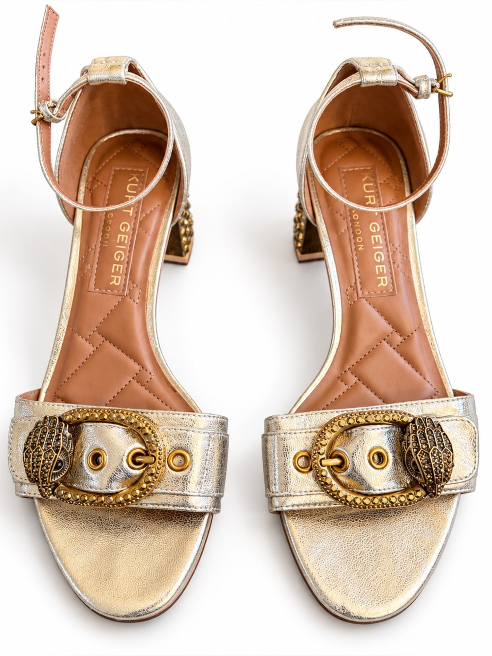Kurt Geiger London Mayfair Metallic Gold Crystal Block Heel Sandals Size 41